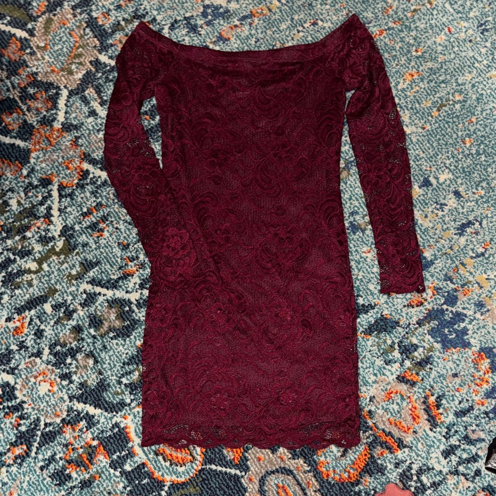 Ambiance Deep Red Long Sleeve Lace Dress
